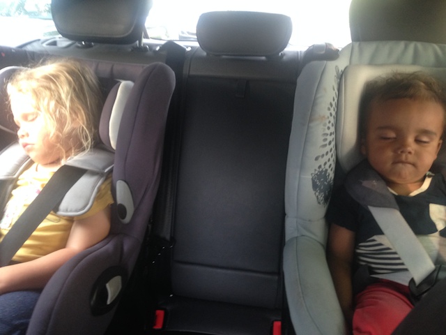 Jynn en Otis slapen auto